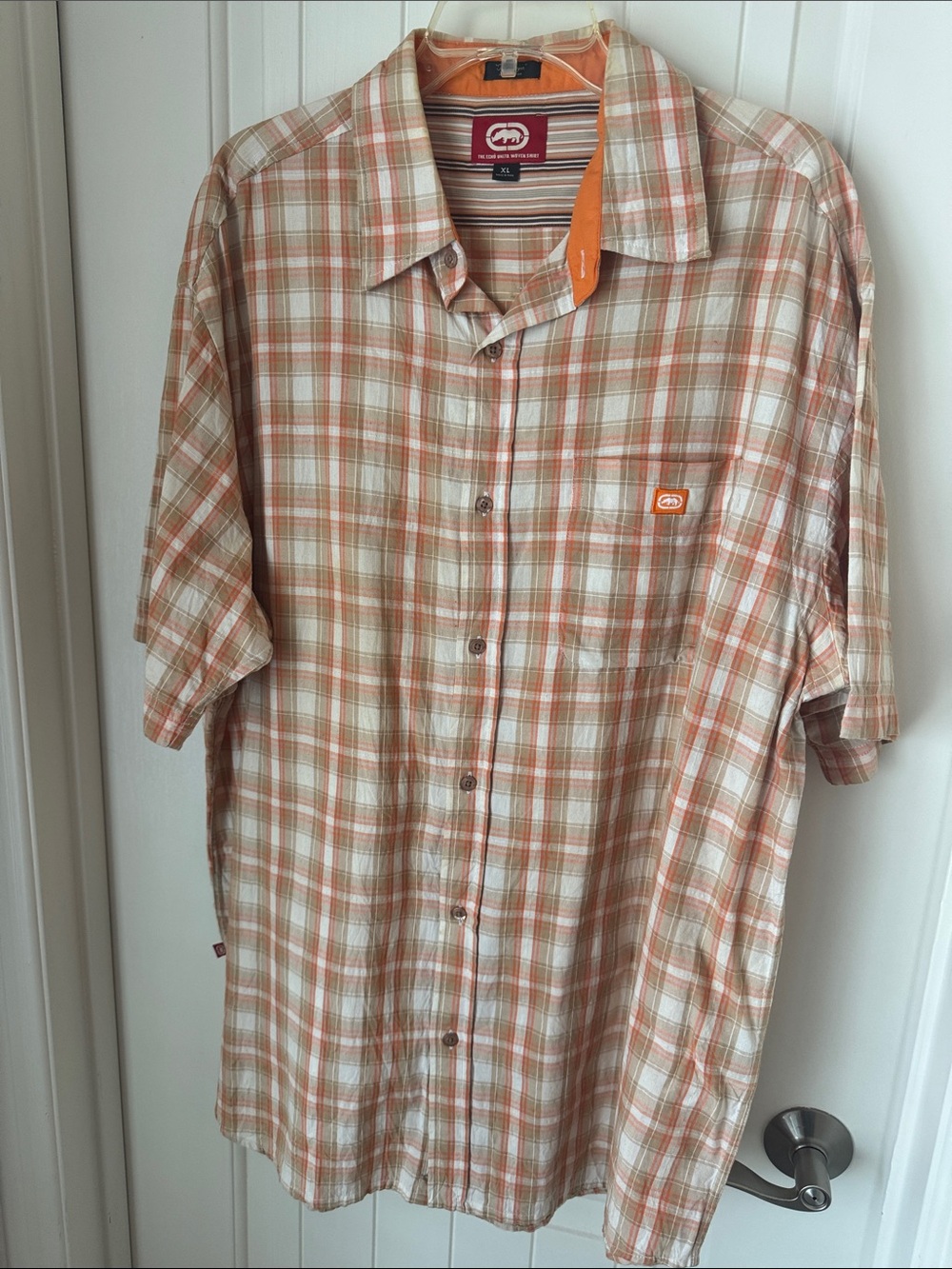 Ecko Unltd. Men's The Dwyer Orange & Cream Plaid woven Short-Sleeve Button-Down